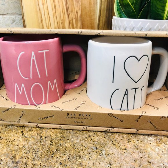 Rae Dunn Valentine's Cat Mom/I Heart Cats Pink and White Mug Set